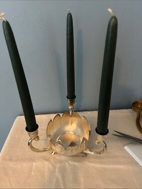 Silver-Plate Three-Arm Lotus flowet Candle Holder with Dark Green Candles